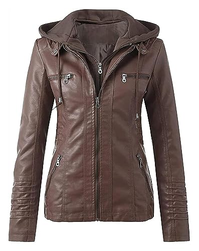 Damen-Jacke Aus Kunstleder, Lässig, Schmale Passform, Stehkragen, Mehrere Taschen, Abnehmbarer Motorrad-Biker-Hoodie-Bombermantel, Winter-PU-Moto-Bikerjacke Lederjacke Kunstlederjacke(Brown,4XL) von SIYAN