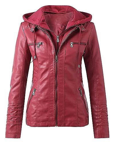 Damen-Jacke Aus Kunstleder, Lässig, Schmale Passform, Stehkragen, Mehrere Taschen, Abnehmbarer Motorrad-Biker-Hoodie-Bombermantel, Winter-PU-Moto-Bikerjacke Lederjacke Kunstlederjacke(Rouge,3XL) von SIYAN