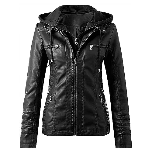 Damen-Kunstlederjacke, Winter-Kapuzen-PU-Moto-Bikerjacke, Winddichter, Warmer Mantel, Frühling Und A, Kapuzen-Kunstlederjacke, Hut, Abnehmbare Reißverschlussjacke Lederjacke Kunstlederjacke(Noir,S) von SIYAN