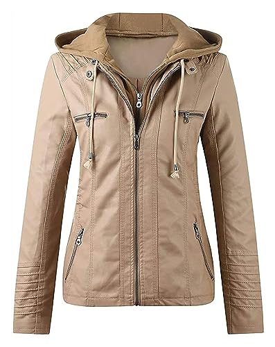 Damen-Kunstlederjacke Mit Kapuze, Motorradjacke, Damen-Kunstlederjacke, Lässig, Schmale Passform, Stehkragen, Abnehmbarer Motorrad-Biker-Mantel Mit Mehreren Lederjacke Kunstlederjacke(Khaki,4XL) von SIYAN