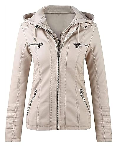 Damen PU-Kunstlederjacke Mit Kapuze, Lässiger Reißverschluss, Schmaler Biker-Mantel, Motorradjacke, Damen, Lässig, Einfarbig, Kapuzentasche, Lange Ärmel, Bauchfrei Lederjacke Kunstlederjacke(Beige,6XL von SIYAN