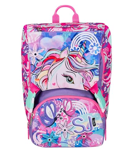 SJ Gang Schulrucksack Rosa Schulrucksack Erweiterbar durch Reißverschluss mit Klappsystem und 3 Magnetflicken mit verschiedenen Grafiken, Grundschule Rucksack, Mädchen, Rosa, Taglia Unica, Rosa, one von SJ Gang