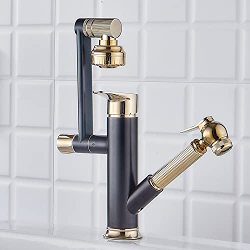 SJFJJKD Ausziehbares Waschbecken aus Vollkupfer für heißes und kaltes Wasser, europäisches Waschbecken, Waschbecken, Toilette, Gold, drehbar, schwarzes hohes Modell Friendship Years von SJFJJKD