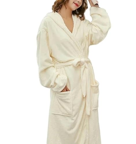 Bademantel Bathrobe Women's Long Hooded Autumn and Winter Solid Color Plush Bathrobe Pajamas Home Bathroom Clothes-Beige von SJFYB