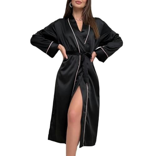 Bademantel Frauenpyjama Langer Robe Sommer Dünne Robe Einfache Heimkleidung Frauen -Strickjacke Bademantel-Schwarz-M von SJFYB