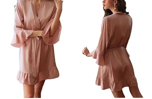 Bademantel Ruffen Temperament Satin Frauen Nachthemd Dreiviertelhülle Morgenkleid Pyjama Brautjungfer Bademantel-Rosa-L von SJFYB