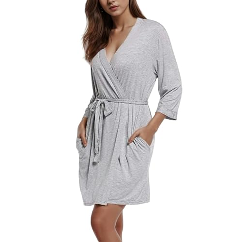 Bademantel Sommer -Heimatbademantel Einfache Und Komfortable Damen Pyjama Thin Ladies Bademantel-Grau-M von SJFYB