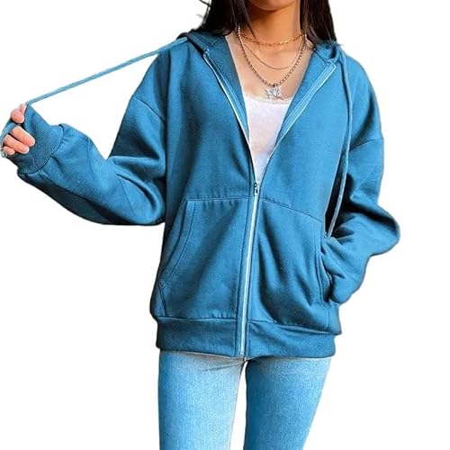 Damen-Kapuzenpullover mit Reißverschluss Damen Herbst Hoodie Solid Color Sport Cardigan Langarm Top Kordelzug Tasche Loser Reißverschluss-Blau-L von SJFYB