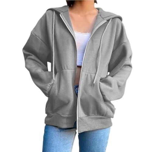 Damen-Kapuzenpullover mit Reißverschluss Damen Herbst Hoodie Solid Color Sport Cardigan Langarm Top Kordelzug Tasche Loser Reißverschluss-Dunkelgrau-L von SJFYB