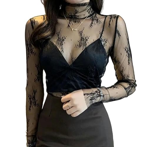 Damen-Langarm-T-Shirt Herbst Und Winter Hochkragen Mesh Bottoming Shirt Frauenspitze Dünnes Transparentes Netz-schwarz (eine Größe 50 kg) von SJFYB