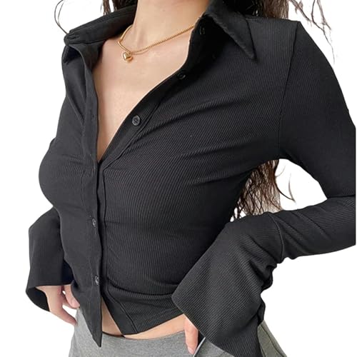 Damenhemden Revers Single Breasted Festes Hemd Fünf Farbe Frauen Schlanker Fit Long Sleeve Casual Street Style Top-Schwarz-XL von SJFYB