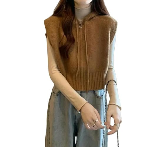 SJFYB Ärmellose Strickweste für Damen Frauen Mit Kapuzenweste Für Frauen Im Faulen Stil Gelegentlich Vielseitiger Grauer Reißverschluss Top Einfache Ärmellose Strickjacke-Khaki-M von SJFYB