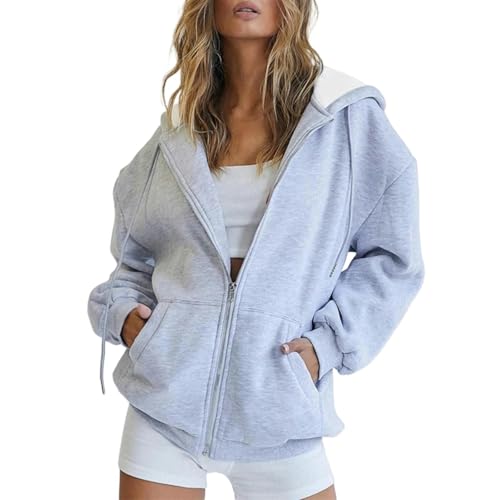 SJFYB Damen-Kapuzenpullover mit Reißverschluss Winter Damen Jacken Tasche Sweatshirts Damen Casual Oberbekleidung Plus Größe Ski Jacke Reißverschluss Cardigan-Grau-L von SJFYB