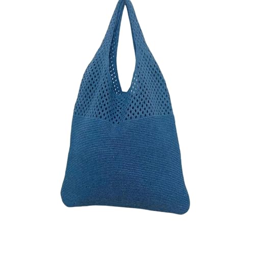 SJFYB Einkaufstasche Feste Farbgestrickte Einkaufstasche Frauen Einkaufstasche Vintage Hollow Tote Bag Stickbeutel Weiche Tasche-Blau-Kein Name von SJFYB