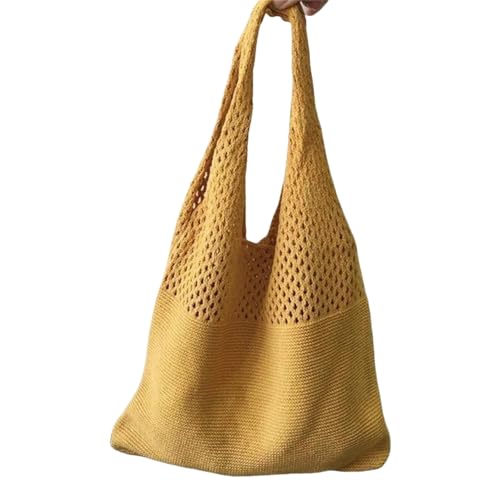 SJFYB Einkaufstasche Feste Farbgestrickte Einkaufstasche Frauen Einkaufstasche Vintage Hollow Tote Bag Stickbeutel Weiche Tasche-Gold-Kein Name von SJFYB