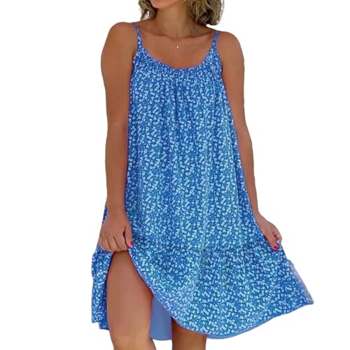 SJFYB Strandrock Damen Beach Kleid Kleid Großer Saum Floraldruck Ärmellose Hängende Kleid-Blau-S von SJFYB