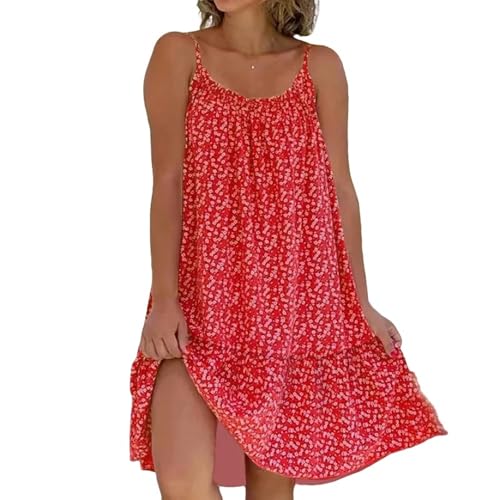 SJFYB Strandrock Damen Beach Kleid Kleid Großer Saum Floraldruck Ärmellose Hängende Kleid-Rot-4xl von SJFYB