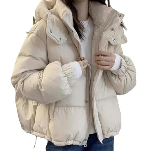 SJFYB Warme Damenjacke Frauen Koreanischer Baumwollmantel Winter Mit Kapuze Lose Dicke Warme, Feste Farbe Reißverschlussjacke-Beige-XXL (70-77,5 kg) von SJFYB