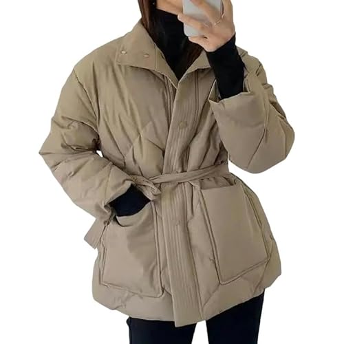 SJFYB Warme Damenjacke Winter Frauen Reguläre Mantel Schnürung Schlanker Fit War Warmes Dickes Baumwollmantel-Khaki-M （50-55 kg von SJFYB