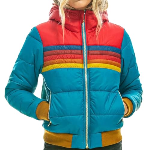 SJFYB Warme Damenjacke Winter Frauenjacke Mit Kapuze Und Großen Taschen Dicke Warme Baumwollkleidung-Lake Blue Rot-S von SJFYB