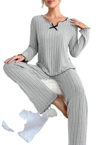 SJFYB Winter-Fleece-Pyjama für Damen Frauen Herbst Im Herbst Winter Pyjamas Geripptes Langarm-Langarm-Oberteil Und Zweiköpfige Hose Casual Home Clothes-2-S von SJFYB