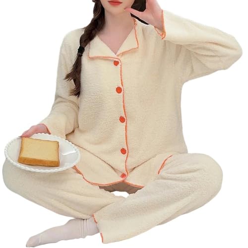 SJFYB Winter-Fleece-Pyjama für Damen Frauen Warmer Pyjama Set Winter Dickes Koralle Vlies Große Heimkleidung 6XL-Beige-XXL (70-80 kg) von SJFYB