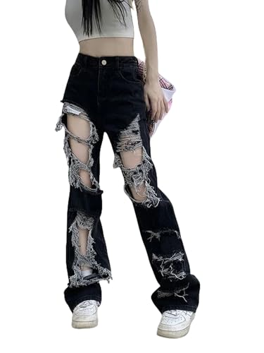 SJFYB Women's Jeans Hip-Hop-Jeans Für Frauen Streetstyle Jeans American Retro High Taille Straight Hosen Für Frauen-Schwarz-4xl von SJFYB