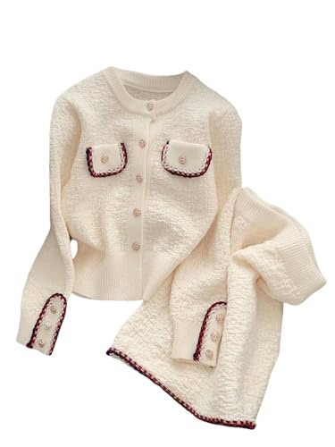 SJFYB Zweiteiliges Rockset für Damen Herbst- Und Winter-Frauen-Strick-Zweiteiler-Büro-Langarm-Strickjacken-Pullover Hoher Taillenrockanzug-Beige-L （60 kg） von SJFYB