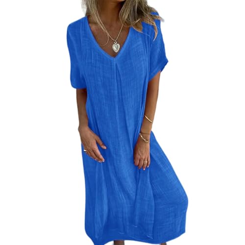 Strandrock Lose Kurzarmleid Kleid Sommer V-Ausschnitt Hohe Taille Langes Kleid Mit Fester Farbe Straight Beach Kleid-Blau-L von SJFYB