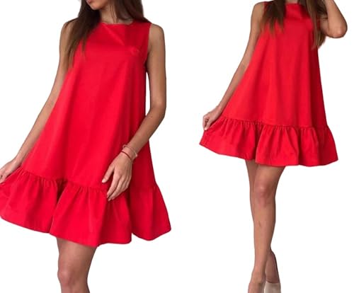 Strandrock Sommer Feste Farbe Strand Chiffon Kleid Ärmellose Rüste Lose Elegantes Kleid-Rot-XL von SJFYB