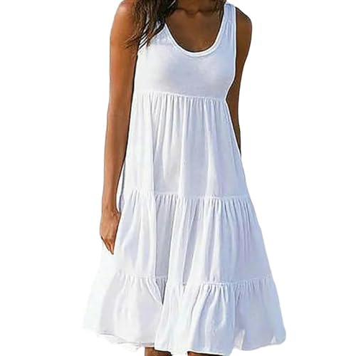 Strandrock Women's Casual Round Neck Sleeveless Ruffle Mini Dress Solid Color Beach Dress Oversized Loose Dress-WEISS-5xl von SJFYB