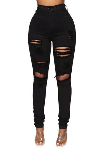 Women's Jeans Frauen Schwarz Zerrissene Jeans Hohe Taille Denim Bleistifthose Slim Fit Leggings S-XL-Schwarz-L von SJFYB