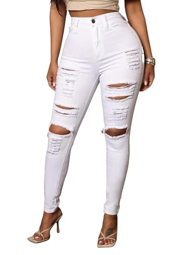 Women's Jeans Frauen Schwarz Zerrissene Jeans Hohe Taille Denim Bleistifthose Slim Fit Leggings S-XL-Weiss-XXL von SJFYB