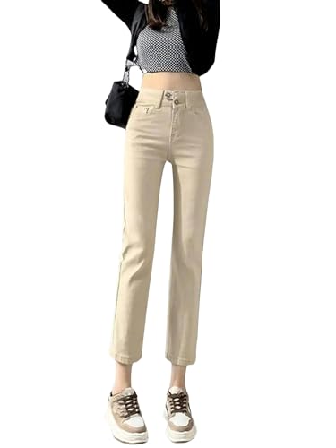 Women's Jeans Slim Fit Beige Jeans Frauen Hohe Taille Retro Hip Jeans Street Fashion Denim Cropped Hosen-Khaki-27 von SJFYB