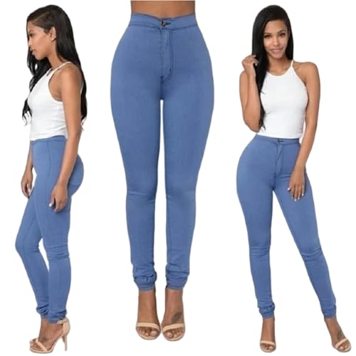 Women's Jeans Women's Solid Skinny Jeans High Waist Bottoming Retro Trousers Casual Pencil Pants-HIMMELBLAU-S von SJFYB