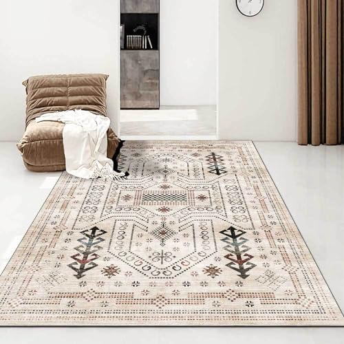 Maschinenwaschbarer Teppich für Wohnzimmer, Schlafzimmer, Küche und Flur, Büro, niedriger Flor, rutschfeste Teppiche, fällt nicht leicht ab, ethnisches geometrisches Muster, Beige, 100 x 160 cm von SJHDHDA