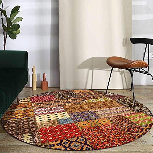 Runder neuer Wohnzimmerteppich ø 90 cm, Esszimmerteppich, Loungeteppich, Nachttischteppich, weicher und pflegeleichter Teppich im ethnischen Stil, geometrische Patchwork-Farbe Learned extensively von SJHDHDA