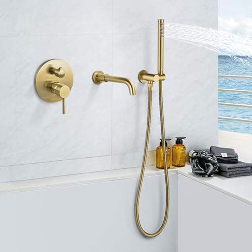 SJHDHDA Badarmatur mit Dusche, gebürstetes Gold, Badewannenarmatur mit Duschkopf, Einhebel-Duscharmatur, Badezimmer, Warm-/Kaltwasserhahn, Mischbatterie Dusche Learned extensively von SJHDHDA