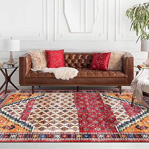 SJHDHDA Kurzflor Teppiche für Schlafzimmer, Wohnzimmer, Büro, Wohnkultur, rutschfest, pflegeleicht, Ethno-Stil, geometrische Raute, Orange Rot, 150 x 200 cm Learned extensively von SJHDHDA