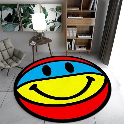 SJHDHDA Runder, maschinenwaschbarer Kurzflorteppich für Küche, Esszimmer, Schlafzimmer und Wohnzimmer, Rutschfester Teppich, Moderner Teppich, Smiley, Gelb, Blau Learned extensively von SJHDHDA