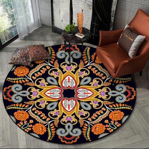 SJHDHDA Runder Kurzflor Schlafzimmer Ø 130 cm Wohnzimmer Büro Wohnkultur rutschfeste Teppiche Pflegeleicht Vintage Teppich Abstrakt Floral Schwarz ausgiebig gelernt von SJHDHDA