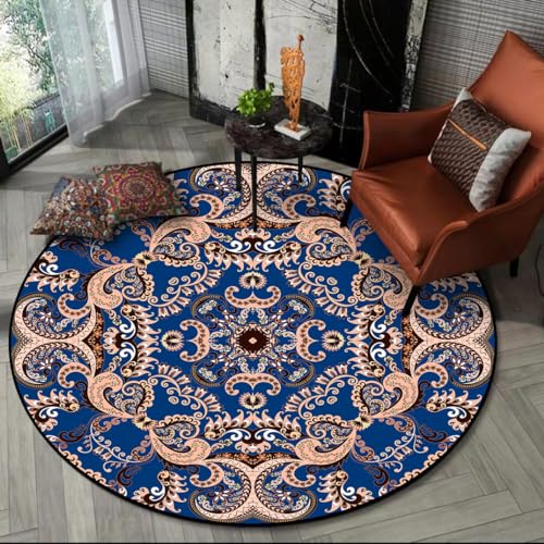 SJHDHDA Runder Kurzflor Teppich Schlafzimmer ø 130 cm Wohnzimmer Büro Wohnkultur Rutschfester Teppich Pflegeleicht Vintage Teppich Abstrakt Floral Blau Learned extensively von SJHDHDA