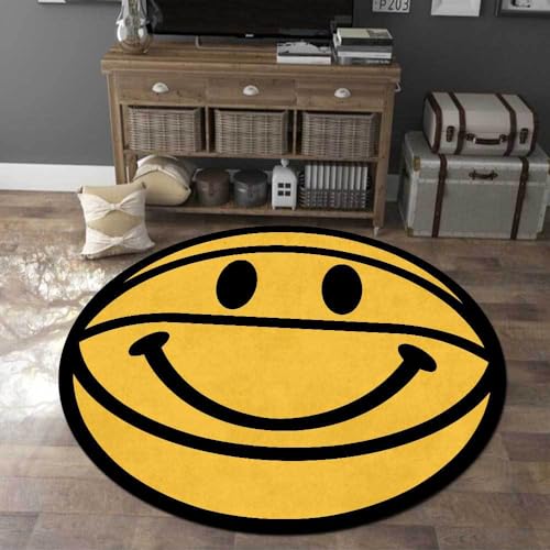 SJHDHDA Runder großer Wohnzimmerteppich ø 180 cm Weicher Schlafzimmer-Kurzflor Rutschfester Esszimmerteppich Moderner Teppich Smiley Gelb Learned extensively von SJHDHDA