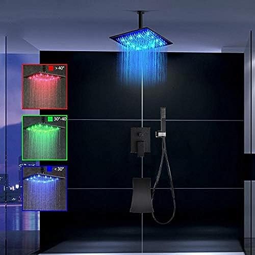 SJHDHDA Schwarzes ORB LED-Unterputz-Duscharmatur-Set, LED-Regenduschkopf, Wasserfall-Auslauf, 3-Wege-Mischbatterie, Badezimmer-Dusche, 16-Zoll-Komplettset, 20-Zoll-Komplettset Learned extensively von SJHDHDA