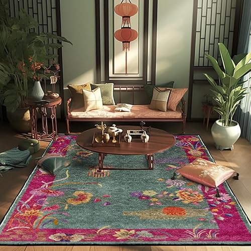 SJHDHDA Waschbare Teppiche Wohnzimmer Anti Rutsch Teppiche Weicher Kurzflor Teppich Schlafzimmerteppich Innendekor Teppich Retro Orientalische Rose Rot Grün Blumen, 150x180cm Learned extensively von SJHDHDA