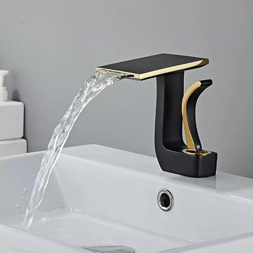 SJHDHDA Waschbecken Wasserhahn Badezimmer Waschbecken Mischer Kran Wasserfall Wasserhahn Messing Bad Wasserhahn Heiß Kalt Wasser Mischbatterie Gold Weiß (Farbe: Schwarz Gold) Learned extensively von SJHDHDA