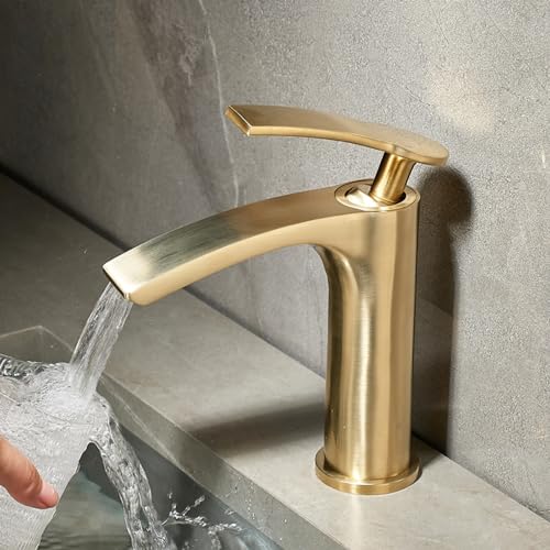 SJHDHDA Wasserfall-Wasserhähne für Badezimmerwaschbecken, Heiß- und Kaltmischbatterie Badezimmerwaschbecken mit Schläuchen Gebürstetes Gold, Niedriger Stil Learned extensively von SJHDHDA