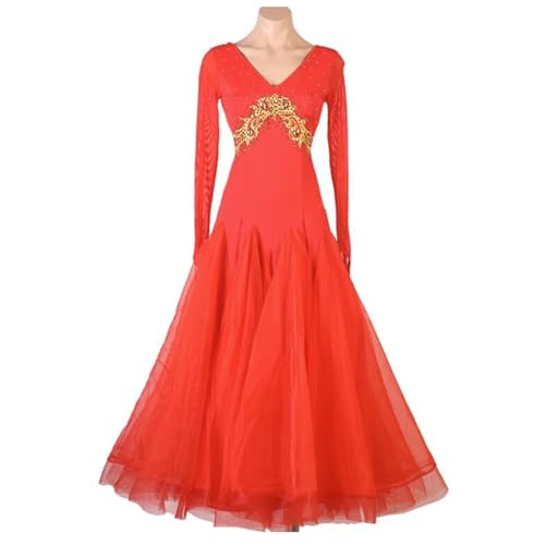 SJHKXAHY Ballsaal Tanzkleid für Damen mit V-Ausschnitt Stickerei Moderne Walzer Kostüme Professionelles, rückenfreies Tango Performance Tanz Outfit mit Strasssteinen Eine Linie,Rot,3XL von SJHKXAHY