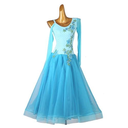 SJHKXAHY Stickerei Walzer Modern Performance Tanz Outfit Lange Ärmel Ballsaal Tanzkleider für Damen Flamenco Salsa Tanzkleidung mit Netzspleiß Rückenfrei,Blau,L von SJHKXAHY