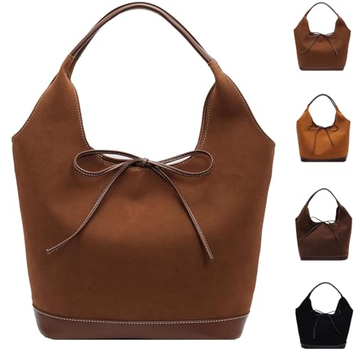 Wildleder-Tragetasche, Wildleder Einkaufstasche Tote Bag, Wildleder Tragetasche for Damen, stilvolle Wildleder-Umhängetasche, Fliege, Hobo-Tasche, Herbst-Geldbörse (Brown) von SJIESOG